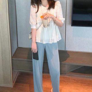 Elbow-sleeve Striped Blouse / Straight-leg Pants / Set