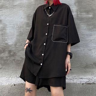 Set: Short Sleeve Oversized Shirt + Shorts Black - One Size