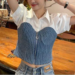 Short-sleeve Denim Panel Zip-up Blouse