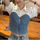Short-sleeve Denim Panel Zip-up Blouse