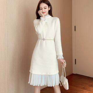 Set: Mock Two-piece Sweater Dress + Faux Pearl Belt