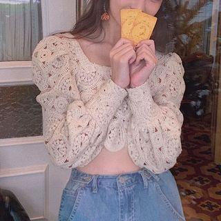Cropped Square-neck Long-sleeve Crochet Top
