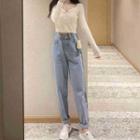 Long-sleeve V-neck Crop Top / Washed Straight Leg Jeans / Set
