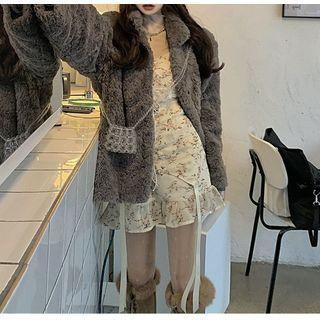 Long-sleeve Plain T-shirt / Flower Print Mini Overall Dress