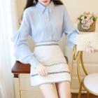 Long-sleeve Ruffle Trim Blouse / Mini A-line Skirt / Set