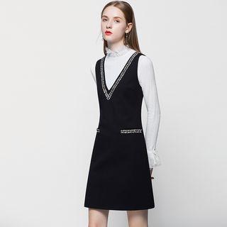 Set: Sleeveless Sheath Dress + Lace Trim Knit Top / Sleeveless Sheath Dress