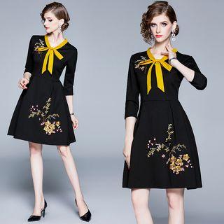 Floral Tie Neck Long-sleeve A-line Dress