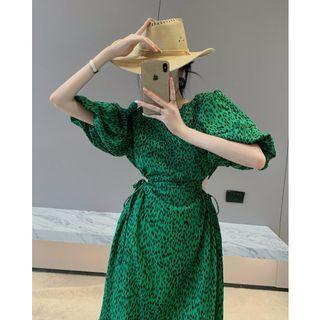 Puff-sleeve Leopard Cutout Dress