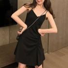 V-neck Drawstring Spaghetti-strap Dress Black - One Size