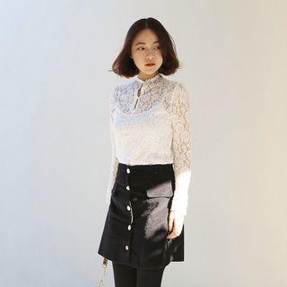 Open-placket Sheer Lace Top