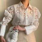 Long Sleeve Cutout Flower Shirt White - One Size