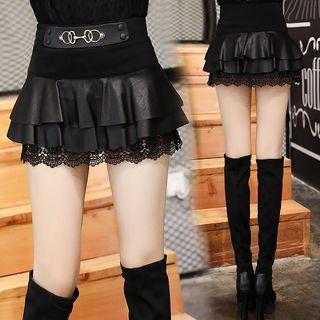 Lace Trim Faux Leather A-line Skirt