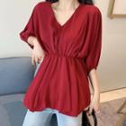 V-neck Elbow-sleeve Top Red - One Size