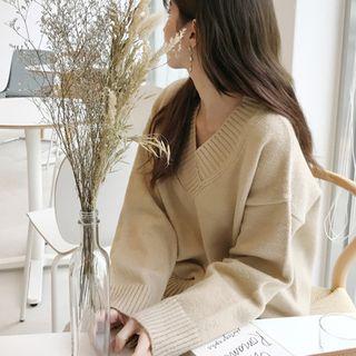 V-neck Drop-shoulder Sweater Beige - One Size