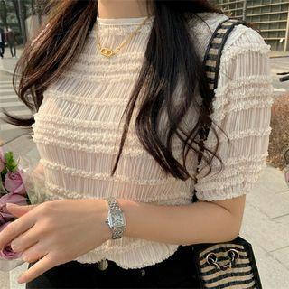 Plain Ruched Chiffon Round Neck Puff Short Sleeve Shirt Light Almond - One Size