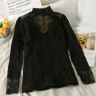 Fleece-lined Lace-panel Mock-neck Top Black - One Size