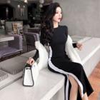 Color Block Long-sleeve Midi Knit Dress Black & White - One Size