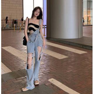 High-waist Washed Ripped Straight-cut Jumpsuit