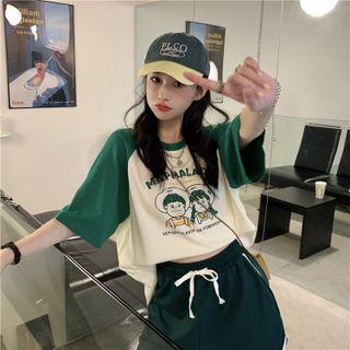 Elbow-sleeve Cartoon Print Raglan T-shirt