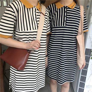 Short-sleeve Contrast Trim Striped Polo Dress
