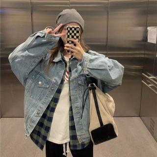Loose-fit Drawstring Denim Jacket Light Blue - One Size