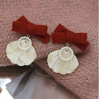 Bow Velvet Shell Acetate Faux Pearl Dangle Earring