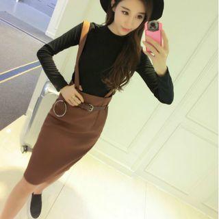 Set: Plain Long Sleeve Top + Plain Pinafore Dress
