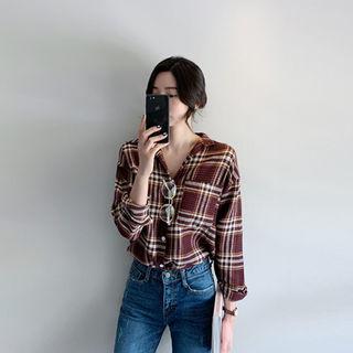 Dip-back Plaid Shirt Wine Red - One Size