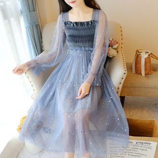 Star Sequined Long-sleeve Midi A-line Dress