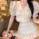 Puff-sleeve Ruffle Trim Crop Blouse / Drawstring A-line Skirt