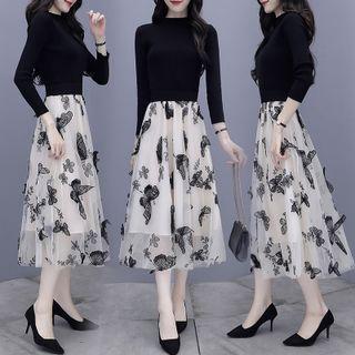 Set: Long-sleeve Plain Top + Print Midi A-line Skirt