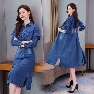 Ruffle Long-sleeve Mid Denim Shirtdress