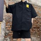 Set: Elbow-sleeve Label Applique Shirt + Belted Shorts