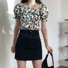 Cow Print Short-sleeve Blouse / Denim Mini Straight-fit Skirt