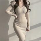Long Sleeve V-neck Ribbed-knit Bodycon Midi Dress