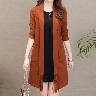 Set: Sleeveless Mini Sheath Dress + Open-front Fringed Jacket