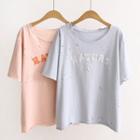 Letter Applique Ripped Short Sleeve T-shirt