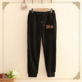 Squirrel Embroidered Fleece-lined Sweatpants