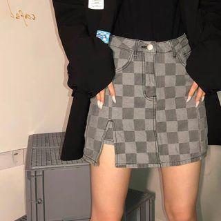 Checkerboard Denim Mini Skirt