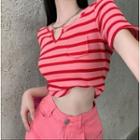 Short-sleeve V-neck Striped Slim-fit Top / High-waist Plain Mini Skirt