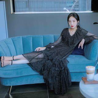 Long-sleeve Dotted Midi Sheer Dress