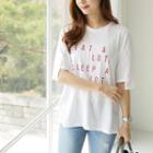 Cutout Elbow-sleeve Printed T-shirt