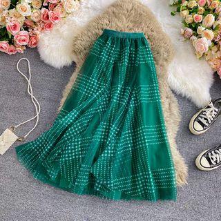 Gingham Pleated Mesh Skirt