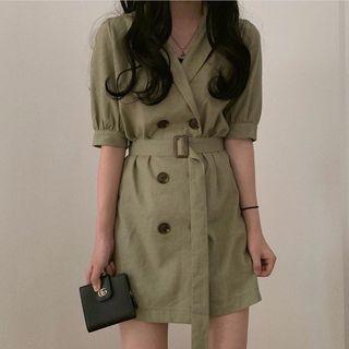 Short-sleeve Double-breasted Mini Dress With Belt