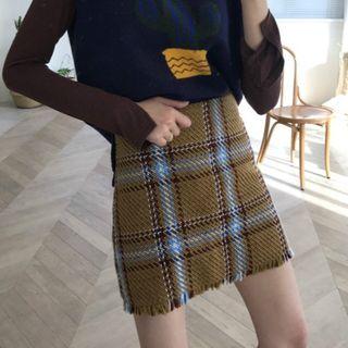 Plaid Fringed Mini A-line Skirt