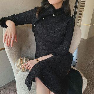 Long-sleeve Glitter Midi Qipao Dress
