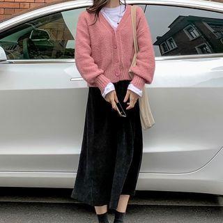 V-neck Cardigan / High Waist Midi A-line Skirt