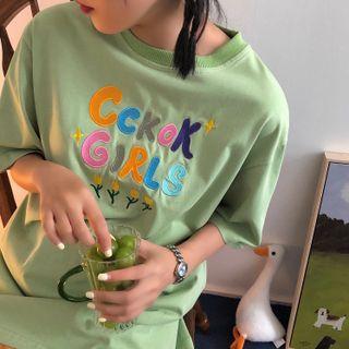Short-sleeve Round-neck Lettering Embroidered Top