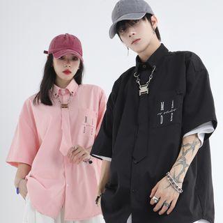 Elbow-sleeve Embellished Lettering Shirt