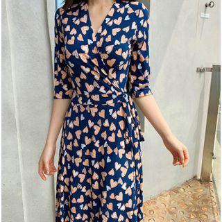 Elbow-sleeve Heart Print Midi Dress